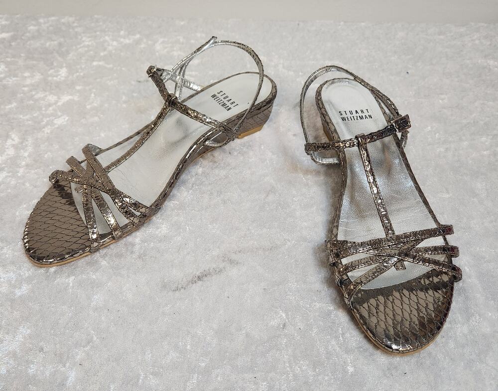 Stuart Weitzman Stripdown Women Metallic Silver Strappy Wedge Sandals-Size 6.5N